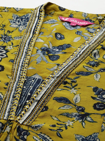 Varanga Women Floral Printed Regular Sequinned Chanderi Silk Kurta with Trousers & With Dupatta
